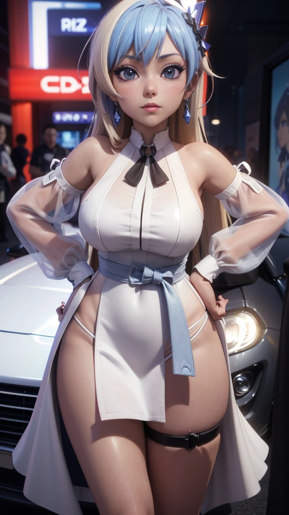 close-up of a man, standing in front of the car,  in a dress, Lazurny Lane style, 3d in anime style, anime in cgi style, From the video game Azur Lane, anime waifu, Ayaka Genshin Impact, 3D anime girl, realistic anime 3D style, , 3D anime realistic, white-haired deity