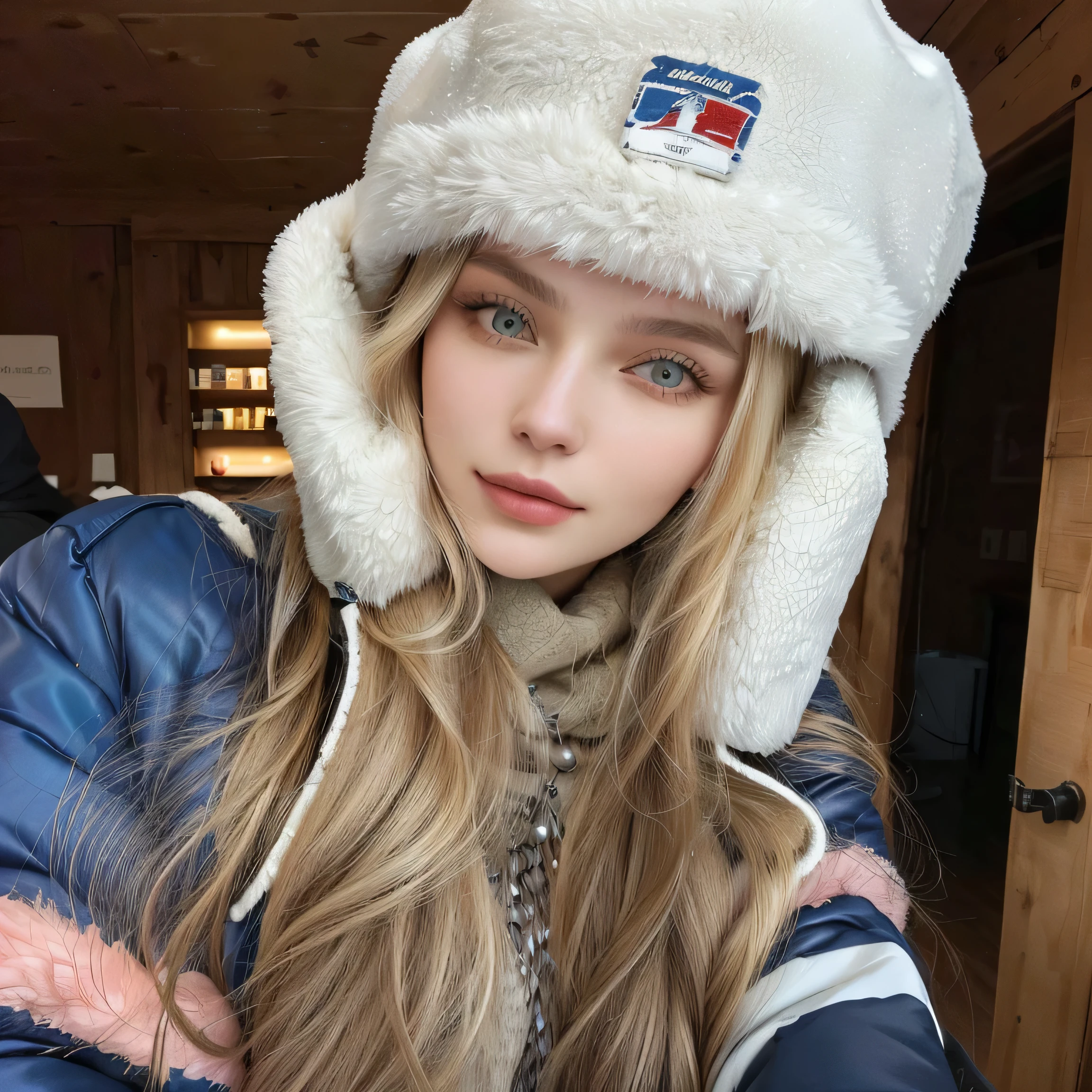 arafa woman wearing a furry hat and a jacket, style of julia razumova, cold as ice! 🧊, dasha taran, angelina stroganova, Anna Nikonova aka Newmilky, anastasia ovchinnikova, Yulia Gorokhova, yelena belova, with long blonde hair, Beautiful Nordic Woman, irina nordsol kuzmina