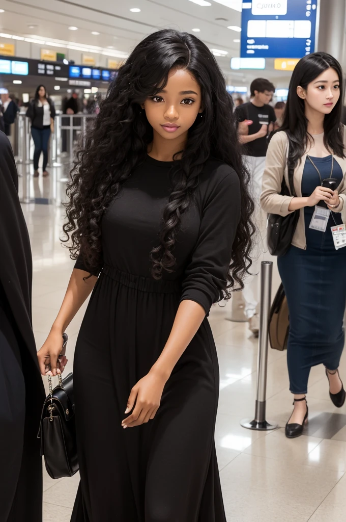 Make a realistic girl, Black-skinned, long and curly hair, 17 years old, with long dress, in the airport