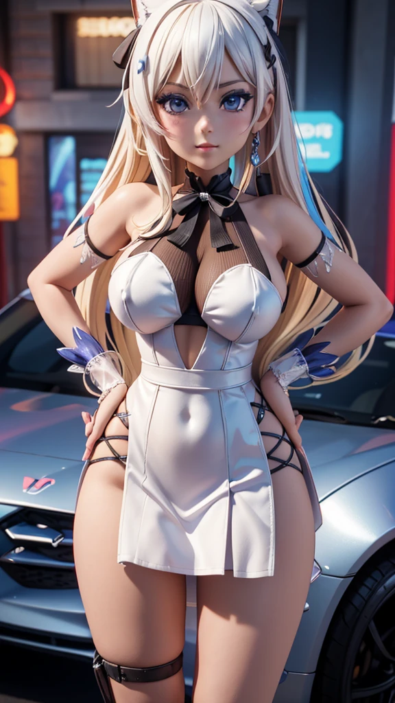 close-up of a man, standing in front of the car,  in a dress, Lazurny Lane style, 3d in anime style, anime in cgi style, From the video game Azur Lane, anime waifu, Ayaka Genshin Impact, 3D anime girl, realistic anime 3D style, , 3D anime realistic, white-haired deity