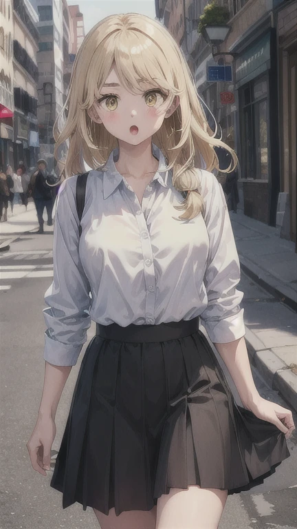 masterpiece, best quality, highres, aaemma, long hair, blonde hair, yellow eyes, , skirt walking, cowboy shot, :o, street,