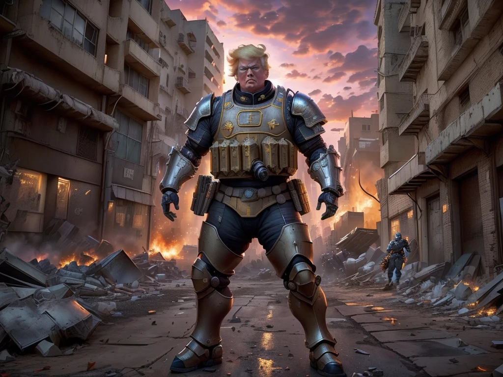 arafed man in armor standing in a street with buildings in the background, donald trump as baron harkonnen, donald trump is a space marine, donald trump in dark souls, donald trump as a cyborg, super saiyan donald trump, donald trump fortnite skin, donald trump in fortnite, dressed in tactical armor, donald trump cyborg
