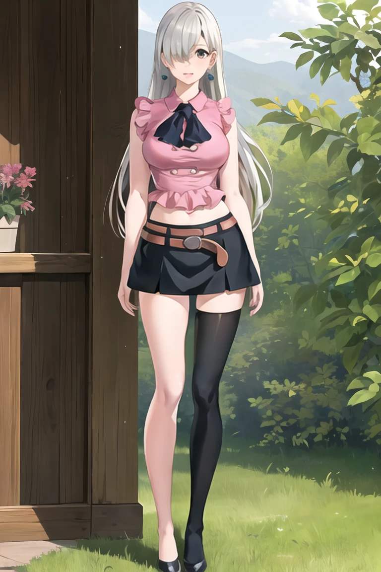 (((full body photo))) masterpiece, best quality, highres, hmeliza, 1girl, hair over one eye, jewelry, single thighhigh, , midriff, black skirt, asymmetrical legwear, pink shirt, black thighhighs, belt, miniskirt, standing, cowboy shot, outdoors, filed, flower