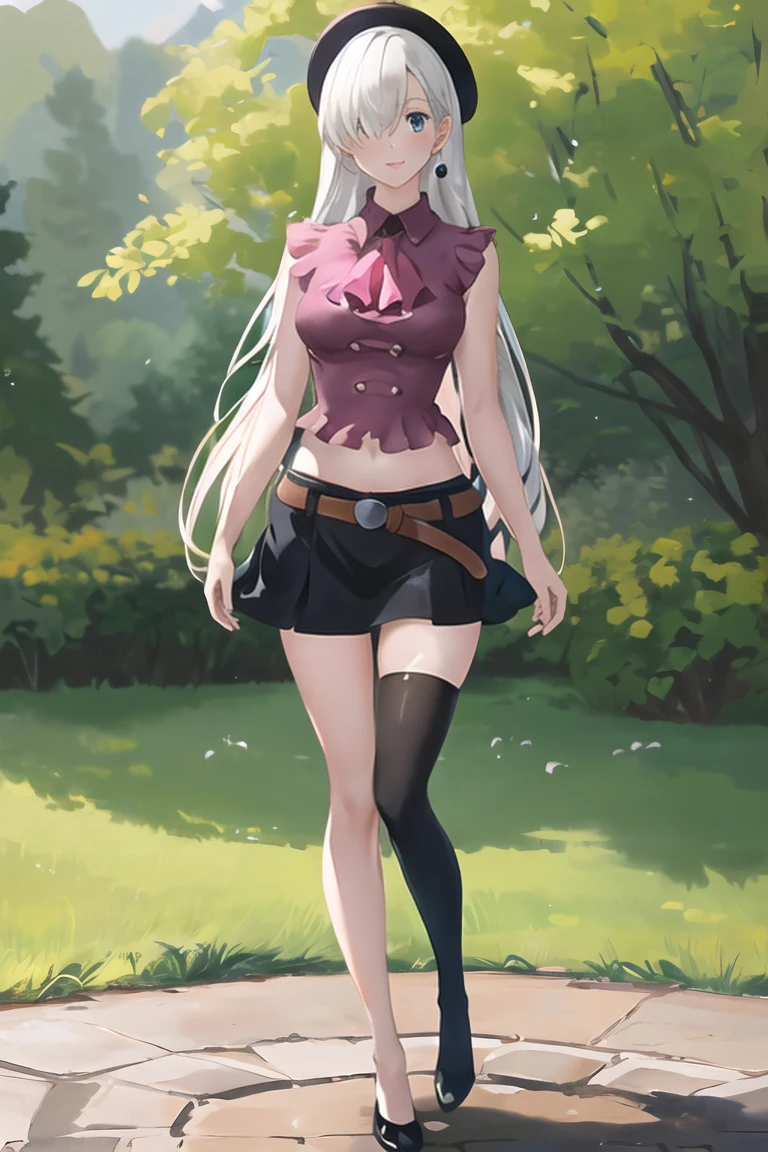 (((full body photo))) masterpiece, best quality, highres, hmeliza, 1girl, hair over one eye, jewelry, single thighhigh, , midriff, black skirt, asymmetrical legwear, pink shirt, black thighhighs, belt, miniskirt, standing, cowboy shot, outdoors, filed, flower