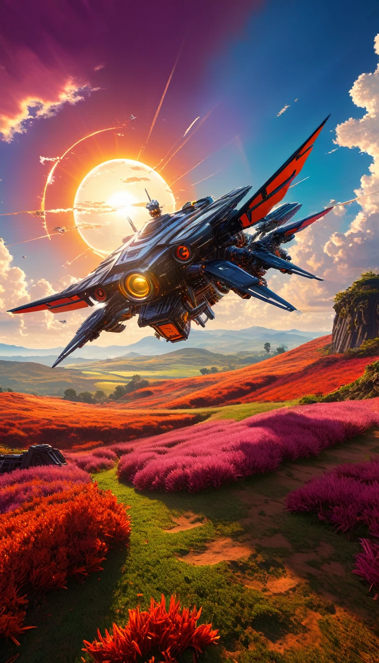 Masterpiece, high quality, 8K Ultra HD. The image shows a flying robotship with a sunlight shining from the sky into it and the grassy hill, with a background of vibrant purple sky and the red and orange tones of the sun,((red grass)), 4k anime art wallpaper, Shen Che-Tsai digital art, pexels, fantastic realism, among sunlit heavenly clouds, heavenly clouds, amazing sky, 4K anime art wallpaper, anime background, wallpaper 8K anime art wallpaper, anime art wallpaper, anime landscape wallpaper, amazing wallpaper, high quality wallpaper definition, 4k anime wallpaper, 4k anime wallpaper, Aries Moross art, Bob Byerley art, AshleyWoodArtAI, greg rutkowski