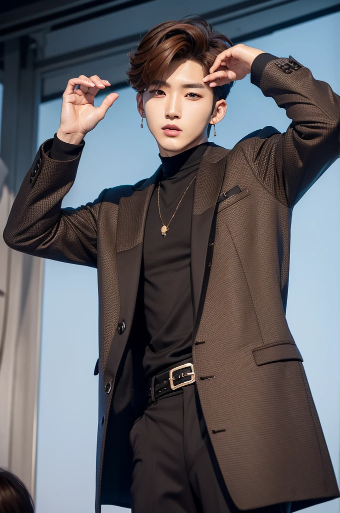 Minjun Kim)Stage Name: Kim Min-joon (Minjun Kim)kor: 25 yearsHeight: 1,80 metersDescription: Angular face with expressive eyes, light brown hair and modern hairstyle.Dress Style: Elegant and urban, with a touch of sophistication.