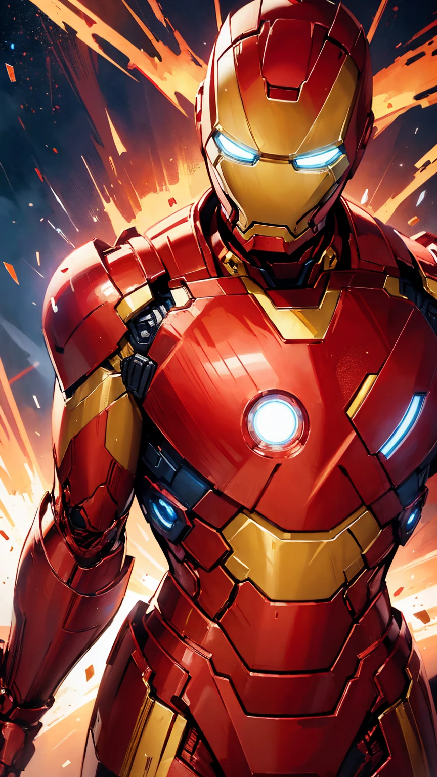 Iron Man in his red and golden armor. The armor has a sleek, glossy finish with detailed highlights and shadows. The character should have expressive eyes with a glowing blue arc reactor on the chest and glowing blue eyes on the helmet. Maintain the dynamic pose and intricate mechanical details of the suit. Use vibrant colors and high contrast typical of anime art styles."