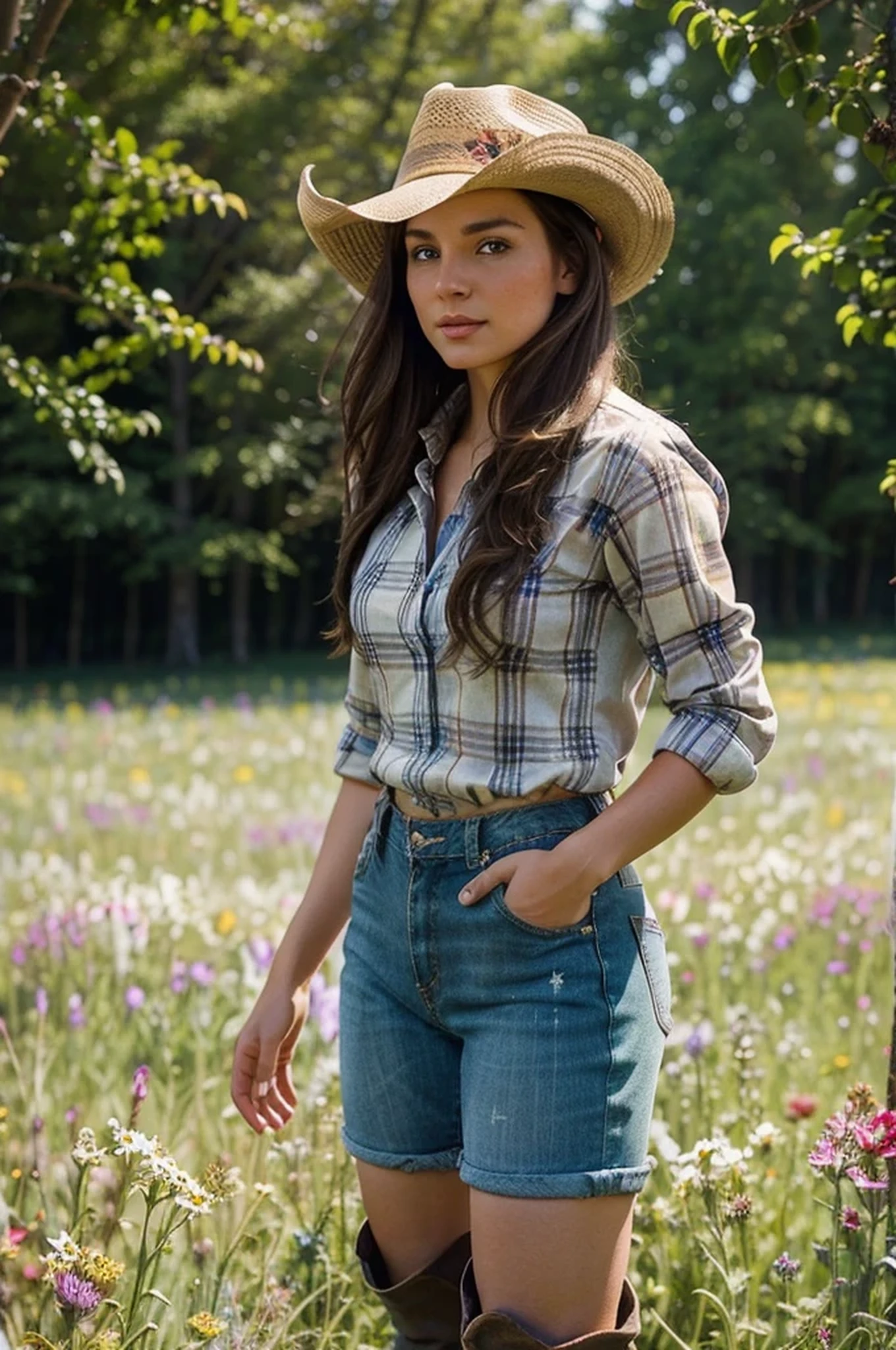 a beautiful brunette country girl, short jeans, cowgirl, plaid shirt, no hat, cowgirl boots, standing in a field of flowers, sunlight streaming through the trees, photorealistic, highly detailed, 8k, masterpiece, natural lighting, vibrant colors, cinematic composition