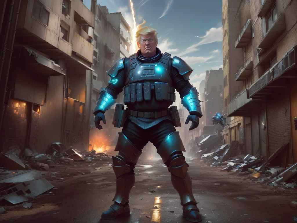 arafed man in armor standing in a street with buildings in the background, donald trump as baron harkonnen, donald trump is a space marine, donald trump in dark souls, donald trump as a cyborg, super saiyan donald trump, donald trump fortnite skin, donald trump in fortnite, dressed in tactical armor, donald trump cyborg