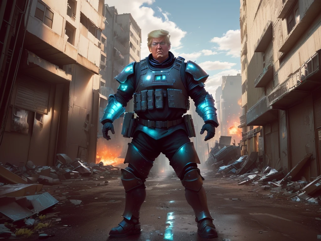 arafed man in armor standing in a street with buildings in the background, donald trump as baron harkonnen, donald trump is a space marine, donald trump in dark souls, donald trump as a cyborg, super saiyan donald trump, donald trump fortnite skin, donald trump in fortnite, dressed in tactical armor, donald trump cyborg