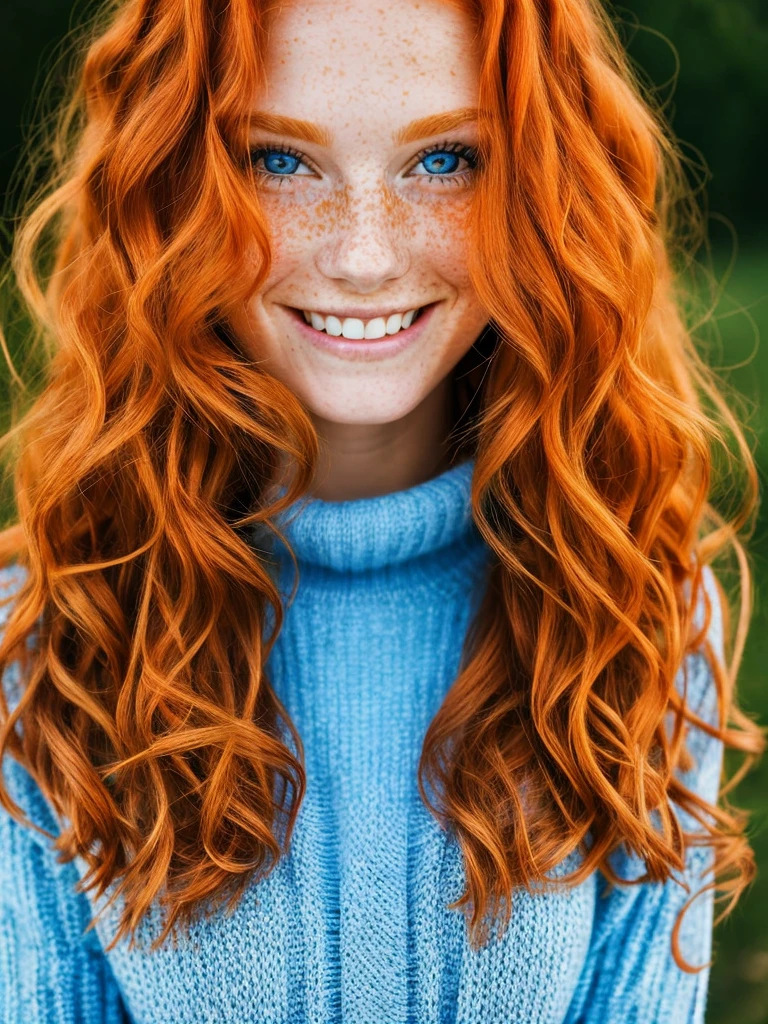 The most beautiful close, upper body portrait photo of a young, norwegian beautiful happy ginger woman with long wavy ginger hair, beautiful blue eyes, cute freckles, smiling in an elegant sweater