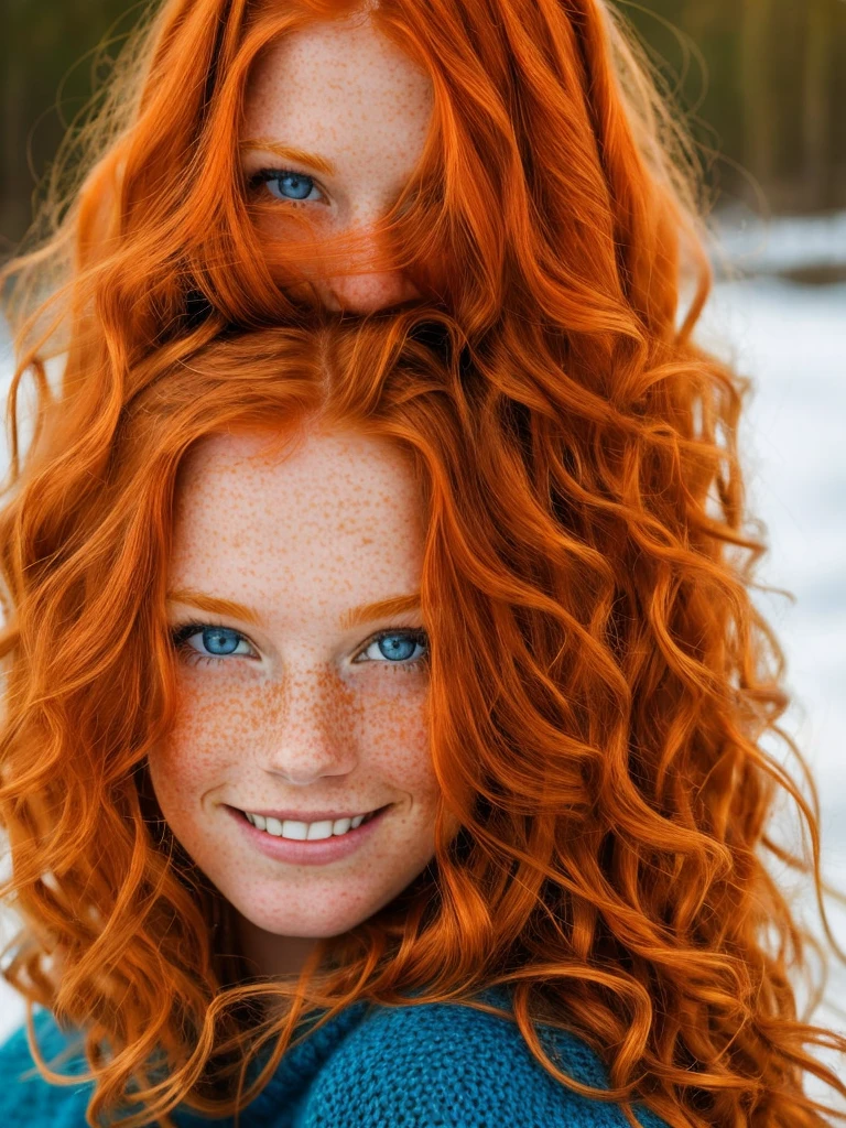 The most beautiful close, upper body portrait photo of a young, norwegian beautiful happy ginger woman with long wavy ginger hair, beautiful blue eyes, cute freckles, smiling in an elegant sweater