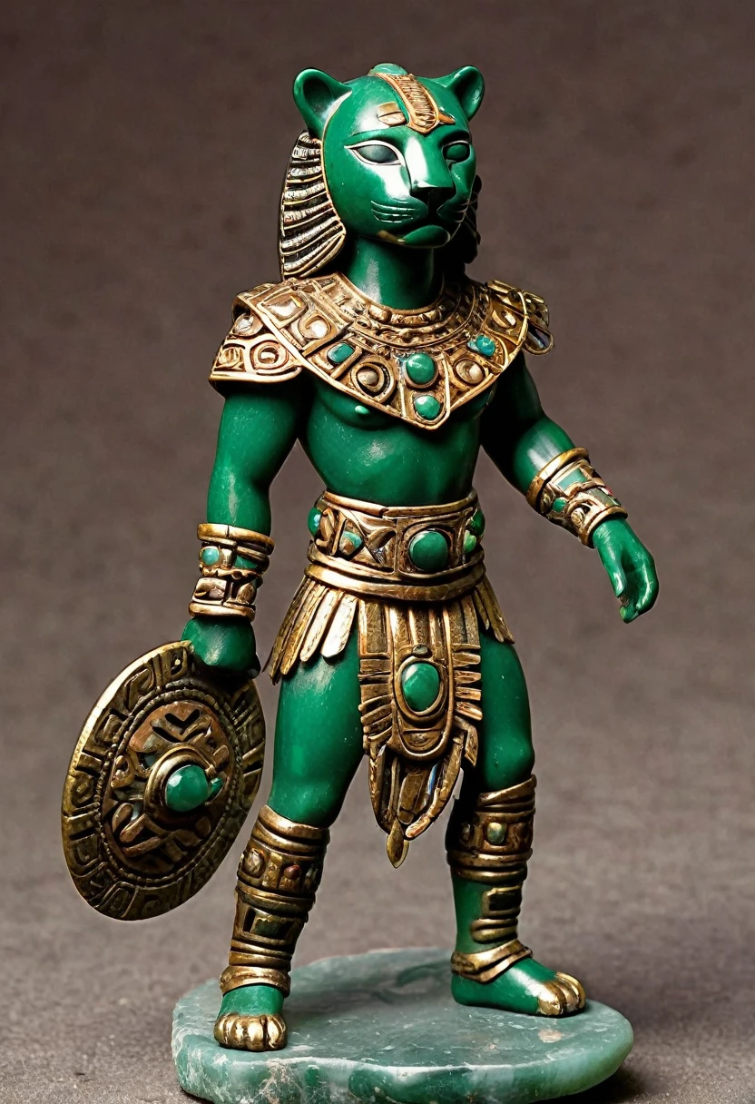 ancient Aztec warrior, dressed in jaguar costume, beautiful details on the jaguar's outfit; tanned, bronze-colored skin; average height (1.75 cm); He holds in his left hand an Aztec shield engraved in jade and jasper stone; In his right hand he has a sword made of black obsidian; the warrior has ornamental motifs on his arms, wrists and legs; but details, hyperrealistic image,