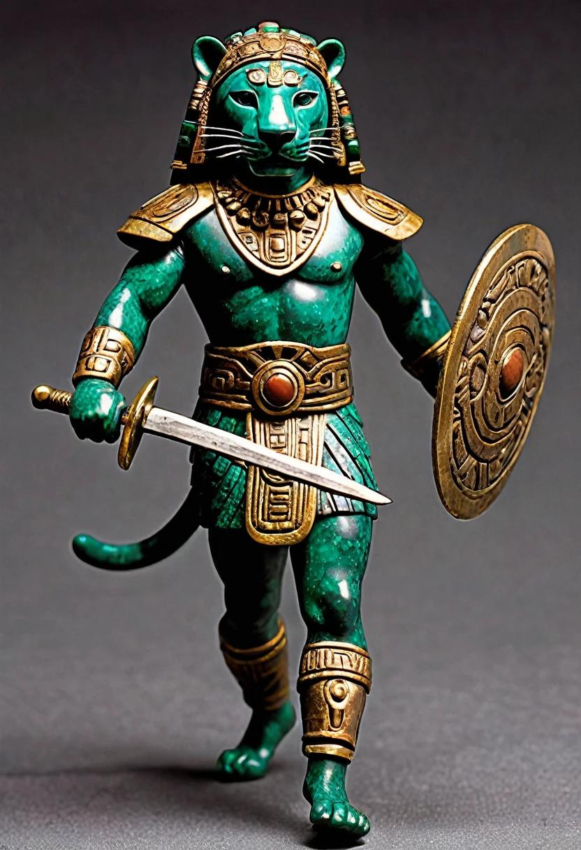 ancient Aztec warrior, dressed in jaguar costume, beautiful details on the jaguar's outfit; tanned, bronze-colored skin; average height (1.75 cm); He holds in his left hand an Aztec shield engraved in jade and jasper stone; In his right hand he has a sword made of black obsidian; the warrior has ornamental motifs on his arms, wrists and legs; but details, hyperrealistic image,