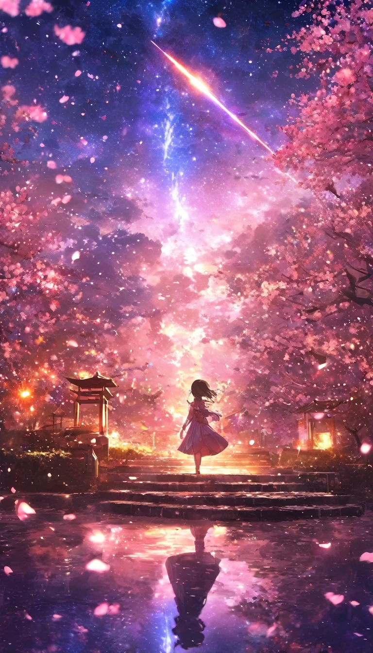 masterpiece, Concept Art, Panorama, in the center, shape, Wide Shot, garden, night, (meteor), Space galaxy background, (Great composition, Epic scale), Dynamic Lighting, Bright colors, cherry blossoms,1 Girl,