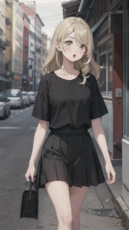 masterpiece, best quality, highres, aaemma, long hair, blonde hair, yellow eyes, , skirt walking, cowboy shot, :o, street,