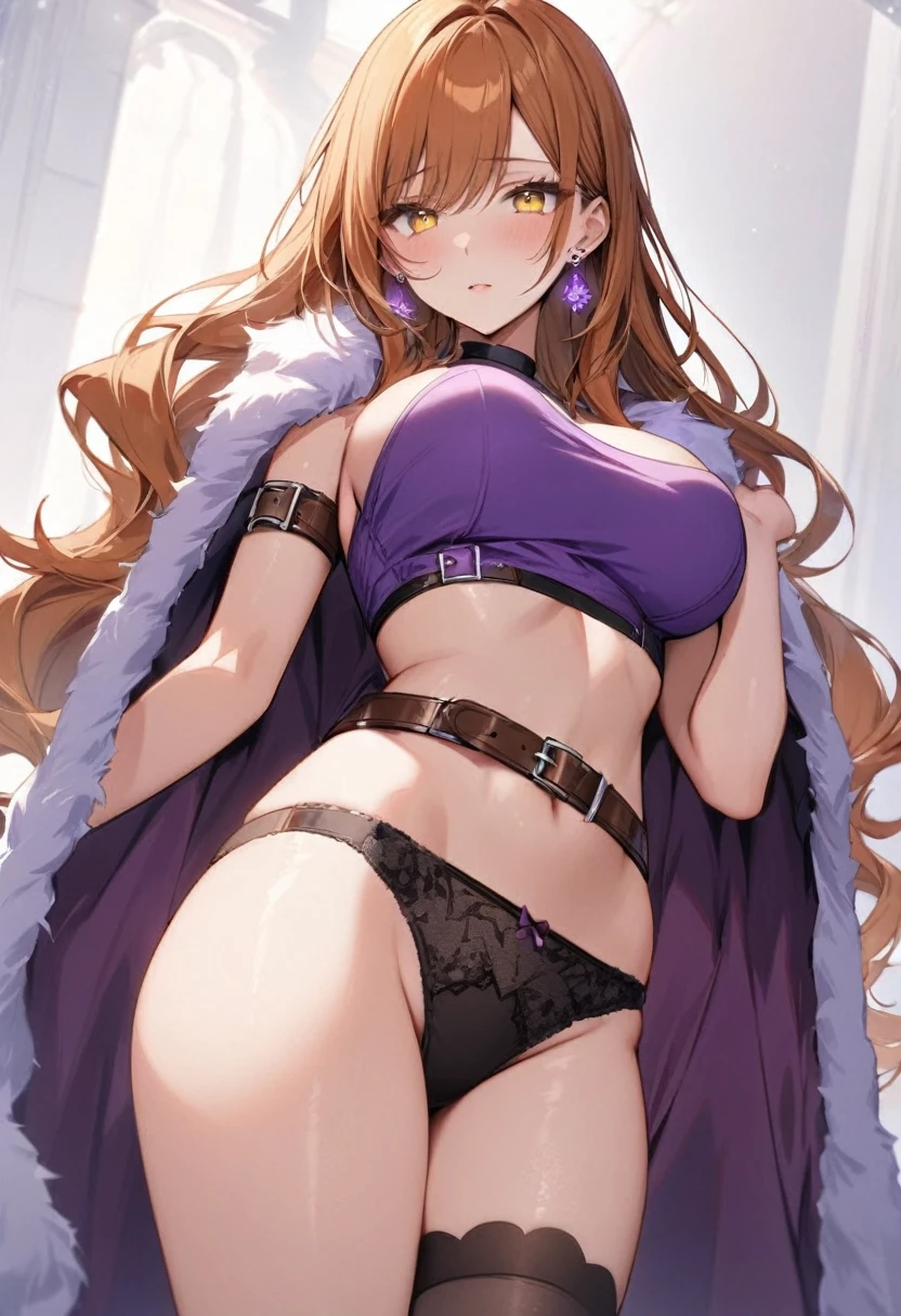 masterpiece, best quality, 1girl, solo, adult, brown orange hair, long hair, earrings, yellow eyes, detailed face, purple crop top, large breasts, panties, stocking, arm belt, infront of viewer, empty look, fur cloth on the shoulders, fur cloth on the shoulders, 