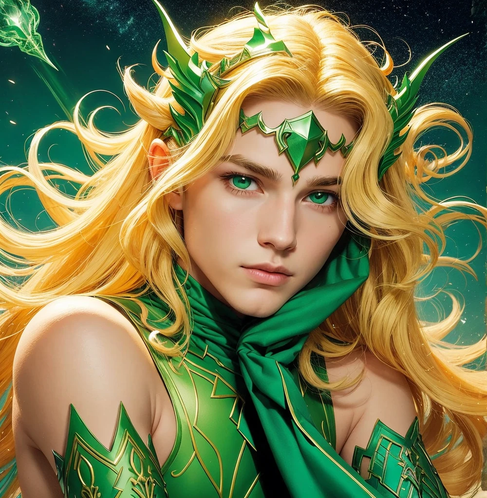 American classic comics art: Enchantress young boy, very young man ethereal delicate, long bright yellow blond hair with beautiful waves, green helmet tiara on his forehead, strong-green sleeveless enchanting wizard outfit delicate, long gloves, covered neck, emerald-green fire magic energy sphere, very young face man, green eyes, tight dark green leggings, The Enchantress Marvel outfit man, classic medieval enchanting man, comic book,