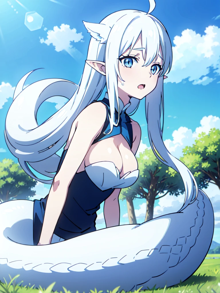 ((beautiful face)), ((masterpiece, best quality)),1girl,s,teen,long hair,twintail,white hair,ahoge,lamia tail,((white lamia tail)),(white background),pointy ears,sleeveless,white shirt,(cleavage),blue eyes,((on the grass,blue sky,village)),open mouth,Close up,looking up,from below