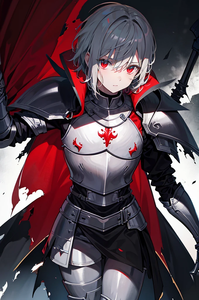 a knight in damaged dark armor with a tearing red cape