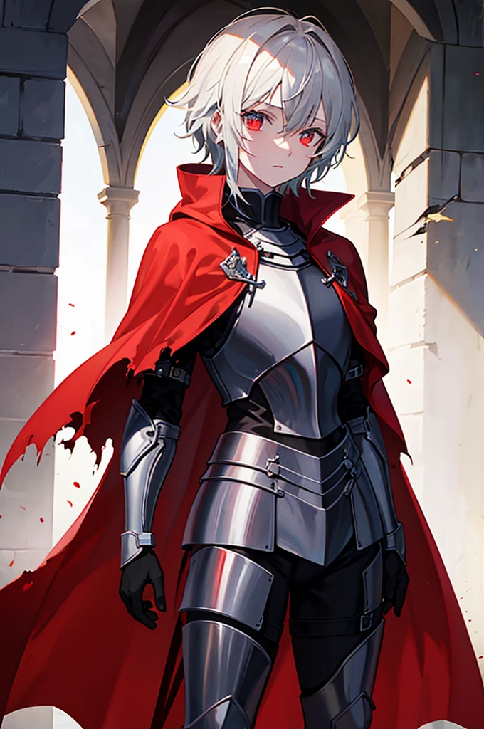 a knight in damaged dark armor with a tearing red cape