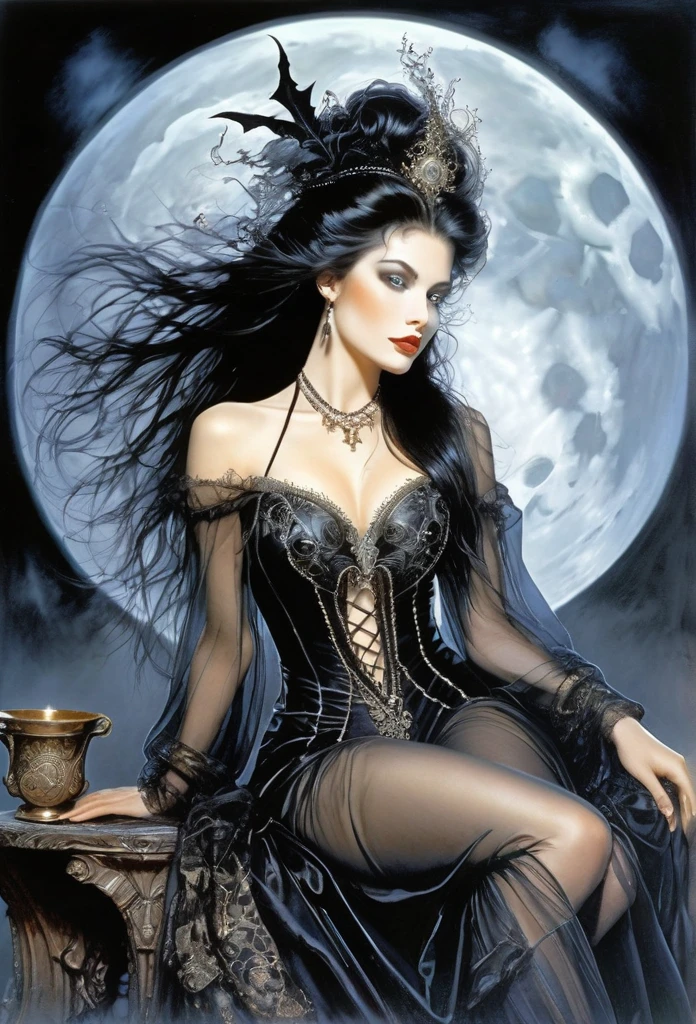 ((full body)),Gorgeous witch... Sitting on a bright half-moon,double exposure long,with you.A masterpiece oíl painting by luis Royo, drawn pencil art, ultra detailed, lips ultra gloss, long. wavy hair, dressed long,transculent, dressing, black cup, bacground vintage, perfect hands, hearts, fractal, filigree, glowing, shadowy, ultra quality, 3d, spoked hairstyle