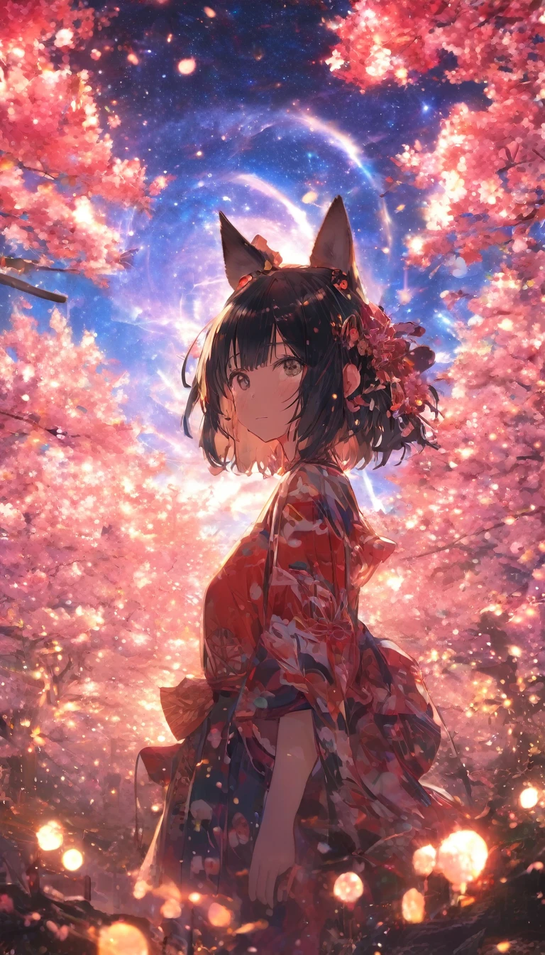 black hair, longeyelashes, solid circle eyes, fake animal ears, ear blush, fang, furrowed brow, annoyed, drop shadow, anaglyph, stereogram, tachi-e, ass pov, atmospheric perspective, アニメ, 8K, super detail, best quality, uhd, textured skin, super detail, 8K傑作, Concept Art, Panorama, in the center, shape, Wide Shot, garden, night, (meteor), Space galaxy background, (Great composition, Epic scale), Dynamic Lighting, Bright colors, cherry blossoms,1 Girl,