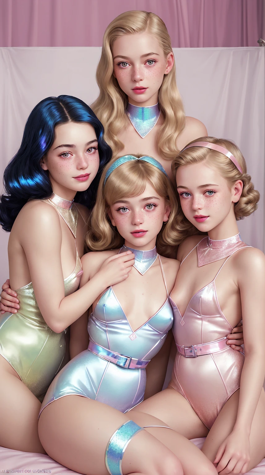 A realistic rendering of an Anne Anderson style illustration of a very close, ultra close shot on the breasts of three girls, 3   pert, nubile, thin,  freckled,  teen    girls with 50s style sandy blonde  hair, topless, tiny breasts, bare breasts, exposed breasts, small breasts, little breasts, exposed crotch ,pink nipples         , puffy nipples         , exposed     nipples     , slight smile,  open mouth, wearing pastel colored body harnesses, with wide lace straps,       uniforms,  iridescent sparkles on chest, iridescent glitter on breasts,   white cuffs, white collar, hip straps, iridescent sparkles on breasts, reclining  on a bed in a pink, 1950s  teen girl's bedroom, ultra close shot on breasts 