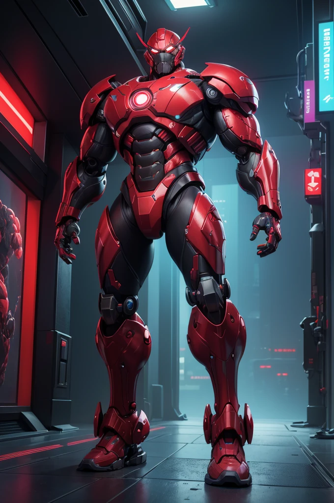 (masterpiece), best quality, detailed, imposing figure, humanoid creature, cyborg, cybernetic enhancements, muscular, full body, metallic armor, organic tissue, red cybernetic eyes, advanced sensors, mechanical arms and legs, integrated weapons, urban battlefield, aggressive stance, cyberpunk, futuristic, neon lights, post-apocalyptic cityscape

