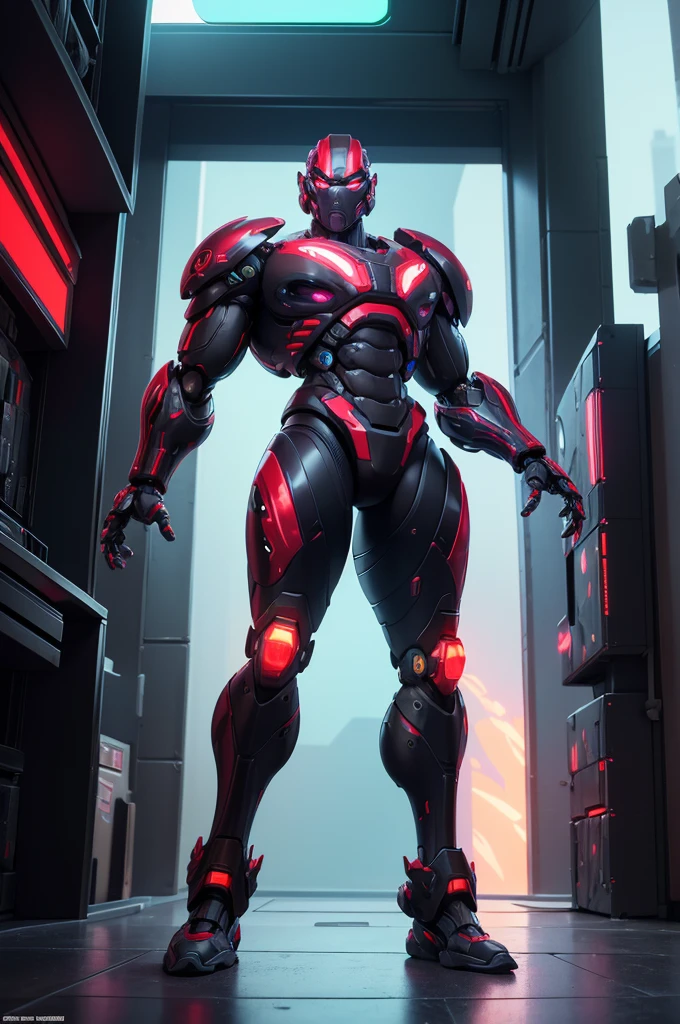 (masterpiece), best quality, detailed, imposing figure, humanoid creature, cyborg, cybernetic enhancements, muscular, full body, metallic armor, organic tissue, red cybernetic eyes, advanced sensors, mechanical arms and legs, integrated weapons, urban battlefield, aggressive stance, cyberpunk, futuristic, neon lights, post-apocalyptic cityscape
