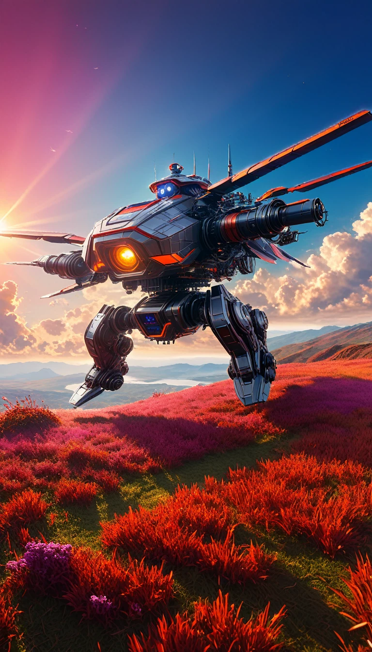 Masterpiece, high quality, 8K Ultra HD. The image shows a flying robotship with a sunlight shining from the sky into it and the grassy hill, with a background of vibrant purple sky and the red and orange tones of the sun,((red grass)), 4k anime art wallpaper, Shen Che-Tsai digital art, pexels, fantastic realism, among sunlit heavenly clouds, heavenly clouds, amazing sky, 4K anime art wallpaper, anime background, wallpaper 8K anime art wallpaper, anime art wallpaper, anime landscape wallpaper, amazing wallpaper, high quality wallpaper definition, 4k anime wallpaper, 4k anime wallpaper, Aries Moross art, Bob Byerley art, AshleyWoodArtAI, greg rutkowski