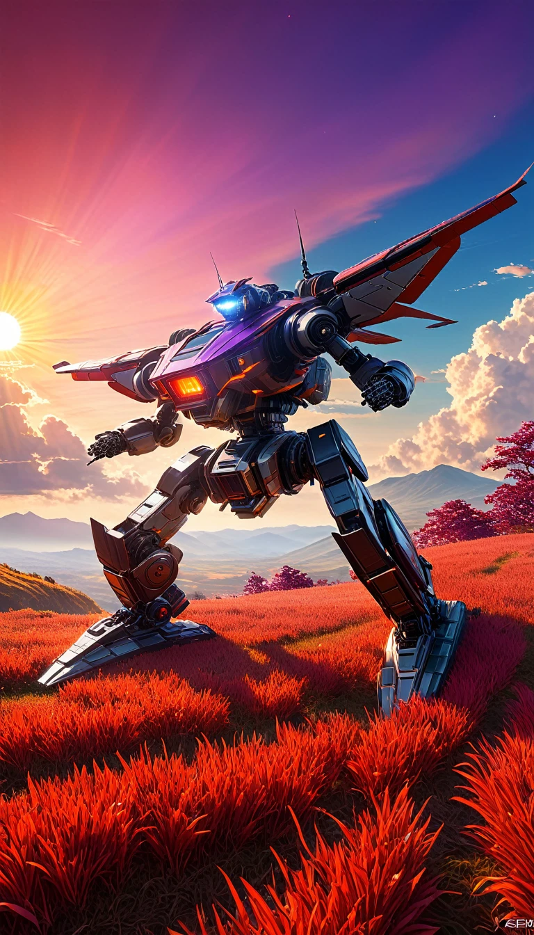 Masterpiece, high quality, 8K Ultra HD. The image shows a flying robotship with a sunlight shining from the sky into it and the grassy hill, with a background of vibrant purple sky and the red and orange tones of the sun,((red grass)), 4k anime art wallpaper, Shen Che-Tsai digital art, pexels, fantastic realism, among sunlit heavenly clouds, heavenly clouds, amazing sky, 4K anime art wallpaper, anime background, wallpaper 8K anime art wallpaper, anime art wallpaper, anime landscape wallpaper, amazing wallpaper, high quality wallpaper definition, 4k anime wallpaper, 4k anime wallpaper, Aries Moross art, Bob Byerley art, AshleyWoodArtAI, greg rutkowski