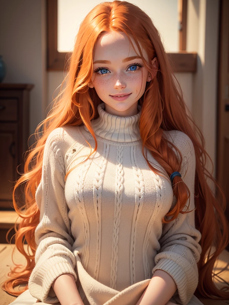 The most beautiful close, upper body portrait photo of a young, norwegian beautiful happy ginger woman with long wavy ginger hair, beautiful blue eyes, cute freckles, smiling in an elegant sweater