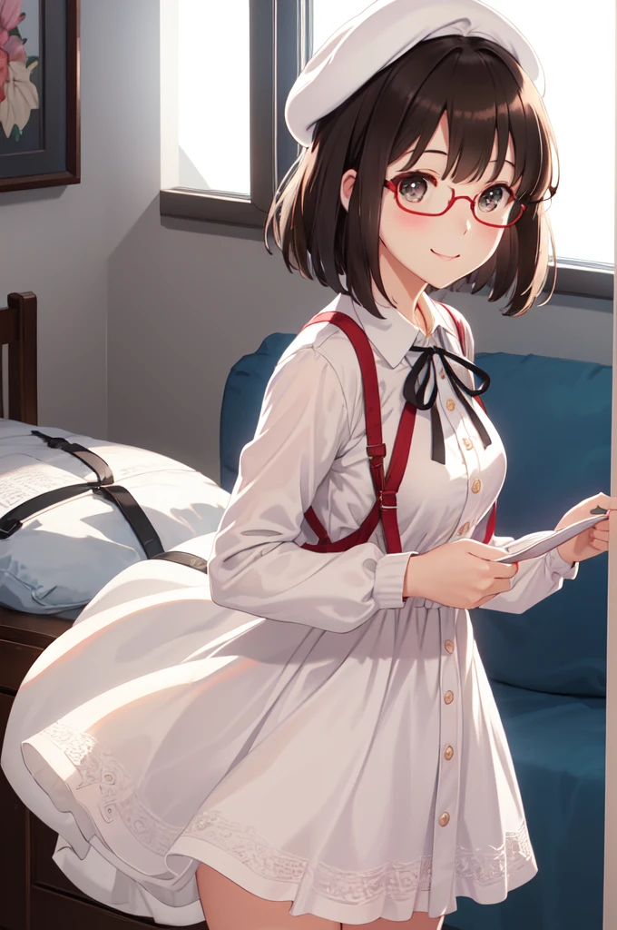 (masterpiece:1.6, best quality), (finely detailed beautiful eyes: 1.2),  ph_katou, katouhdlong, katouhd, 1girl, solo, holding eyewear, hat, eyewear removed, dress, brown hair, bangs, holding, short hair, simple background, glasses, white background, , smile, white headwear, brown eyes, open clothes, blush, white dress, red jacket, ribbon, long sleeves, standing, closed mouth, beret, bow, neck ribbon, breasts, black ribbon, buttons, medium breasts, black-framed eyewear, short dress, backlighting, wing collar, manka
