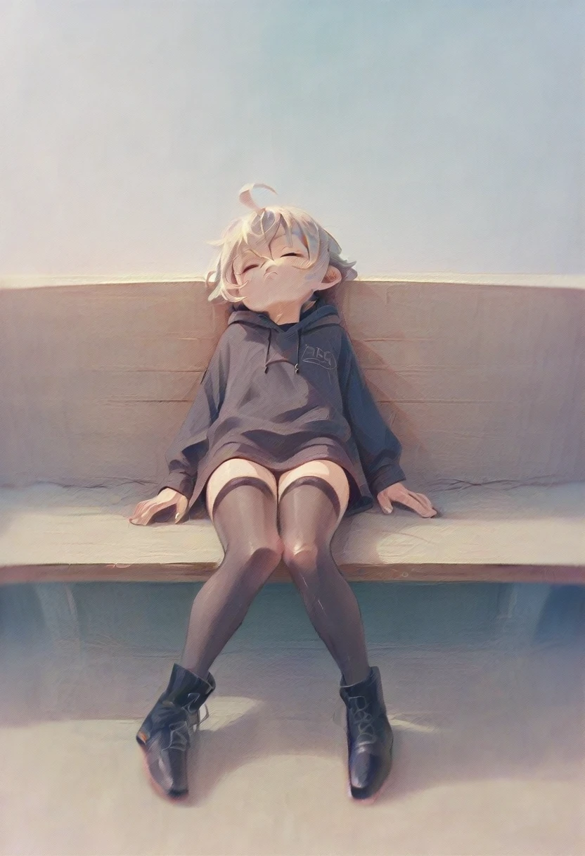 short hair, Ahoge, long twin tails, yellow eyes, black hoodie, black thighhighs, black boots, sleeping on top of a bench maldera park day eyes closed