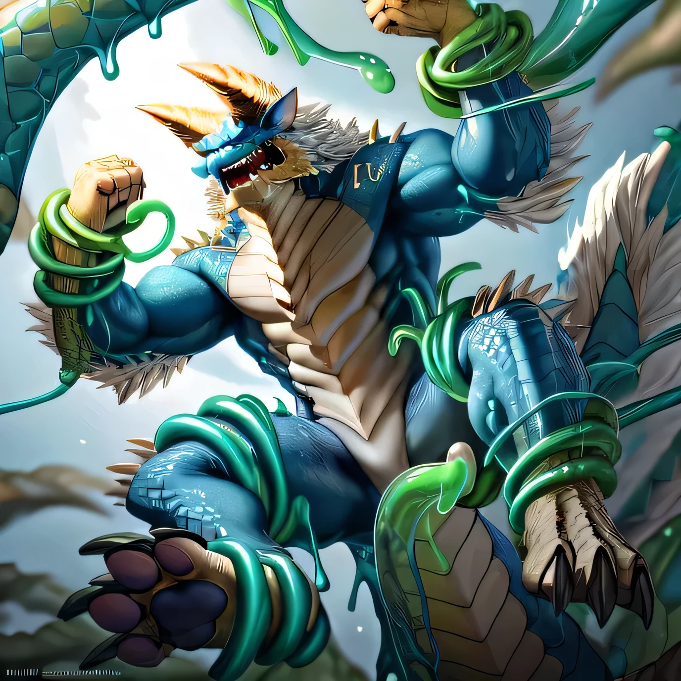 anthropology,(zinogre:1.2),Tail,((whole body,blue eyes, Blue body, White furry, Yellow Hand, Feet, Blue face,4 toes,Tail )),,muscular, whole body, (author:null-ghost,From raccoon21,masterpiece,high quality), Night Fight,((boundary)), rest (((Slime monster uses tentacles to fight dragon)),4 toes,struggle, (pain:1.3),frown,annoyed, Worry,full body,pawpads,((horns))