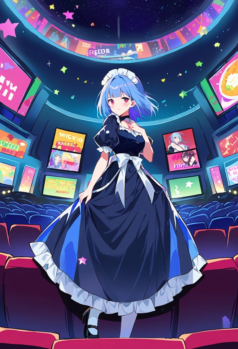 (((Pixel Perfect)))Short Hair,Blue Hair,Remの髪型,alone, 1 Girl,Rem,Big Breasts,(Rem風髪飾り)(Rem風カチューシャ)Roswaal Mansion maid outfit,movie theatre, Backwards,Panties in full view,Protruding buttocks