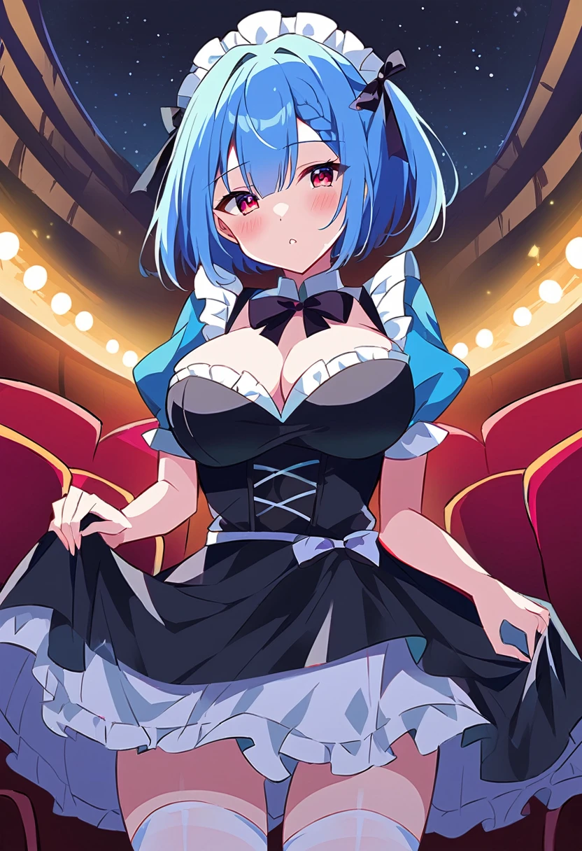 (((Pixel Perfect)))Short Hair,Blue Hair,Remの髪型,alone, 1 Girl,Rem,Big Breasts,(Rem風髪飾り)(Rem風カチューシャ)Roswaal Mansion maid outfit,movie theatre, Backwards,Panties in full view,Protruding buttocks