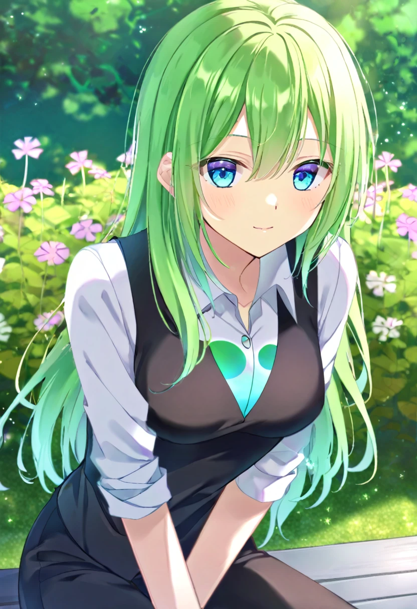 an 18 year old girl, long lime green hair with blue ombre, turquoise eyes, light green skin, ((equestrian girls)), ((White shirt)), ((black vest with small planet print)), ((Black pants)), ((sitting in a garden)), ((Good quality)) 