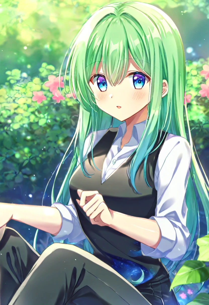 an 18 year old girl, long lime green hair with blue ombre, turquoise eyes, light green skin, ((equestrian girls)), ((White shirt)), ((black vest with small planet print)), ((Black pants)), ((sitting in a garden)), ((Good quality)) 