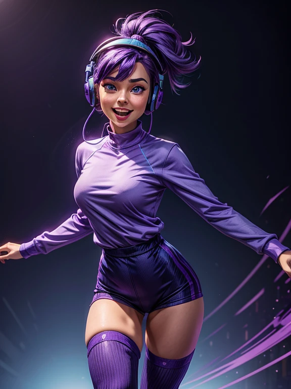 a woman with purple and blue hair, fair skin, blue eyes, wearing a purple and blue long-sleeved shirt, blue headphones, knee socks, strong legs. expression of joy, happiness, dynamic pose.