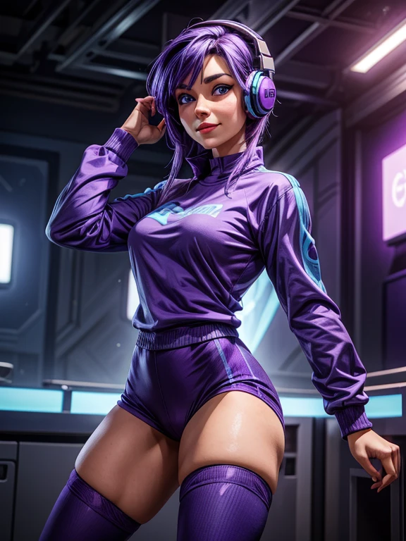 a woman with purple and blue hair, fair skin, blue eyes, wearing a purple and blue long-sleeved shirt, blue headphones, knee socks, strong legs. expression of joy, happiness, dynamic pose.
