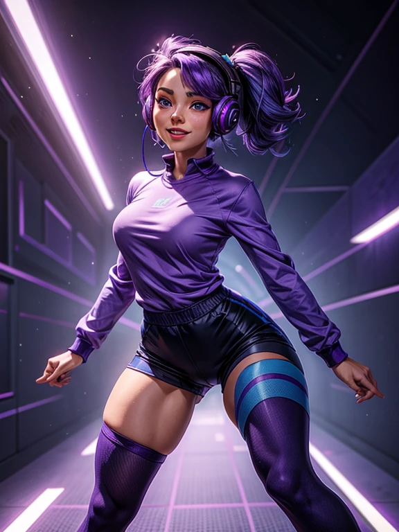 a woman with purple and blue hair, fair skin, blue eyes, wearing a purple and blue long-sleeved shirt, blue headphones, knee socks, strong legs. expression of joy, happiness, dynamic pose.