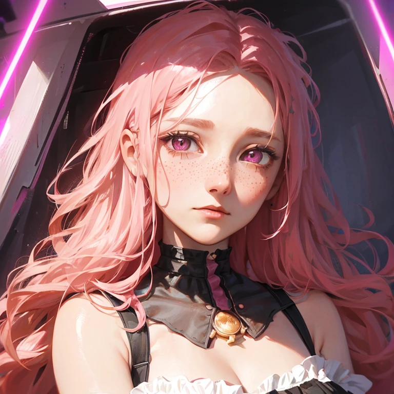 face portrait, 30 year old adult woman, with very long loose hair and curly black strands with pink strands, pale skin with freckles and pink, ruby-like eyes, wearing a beautiful and very feminine soft purple dress from the Victorian era