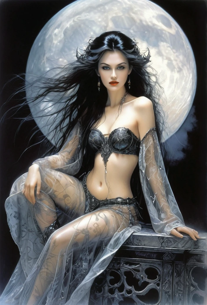 ((full body)),Gorgeous vampire... Sitting on a bright half-moon,double exposure long,with you.A masterpiece oíl painting by luis Royo, drawn pencil art, ultra detailed, lips ultra gloss, long. wavy hair, dressed long,transculent, dressing, black cup, bacground vintage, perfect hands, hearts, fractal, filigree, glowing, shadowy, ultra quality, 3d, spoked hairstyle