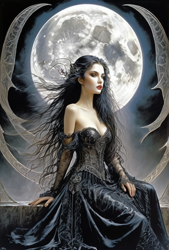 ((full body)),Gorgeous vampire... Sitting on a bright half-moon,double exposure long,with you.A masterpiece oíl painting by luis Royo, drawn pencil art, ultra detailed, lips ultra gloss, long. wavy hair, dressed long,transculent, dressing, black cup, bacground vintage, perfect hands, hearts, fractal, filigree, glowing, shadowy, ultra quality, 3d, spoked hairstyle