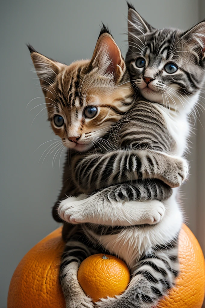 Two kittens hugging one orange and one white with gray