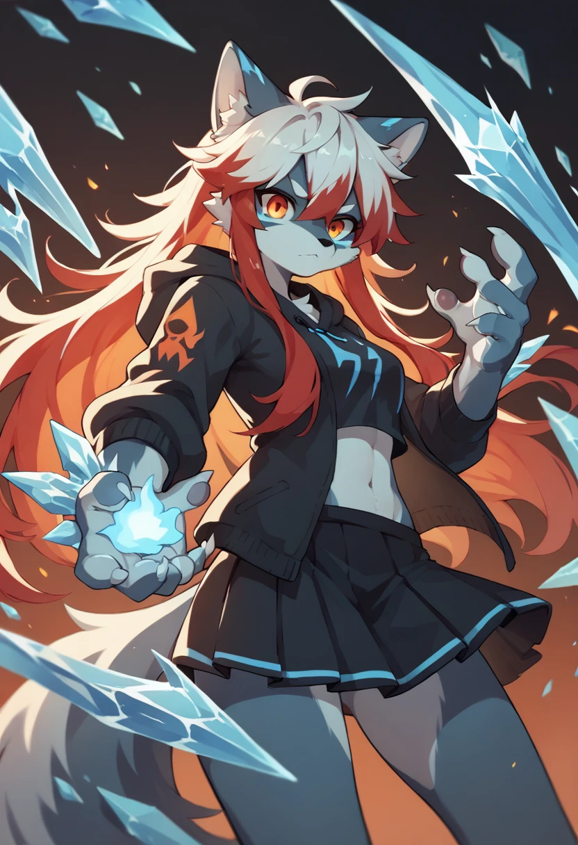 1girl furry,wolf , black and white hair, ice powers,Fire powsers, red hair dye tips in hair, long hair, skirt, hoodie, blue and red, ice and fire,one blue eye, one orange eye
