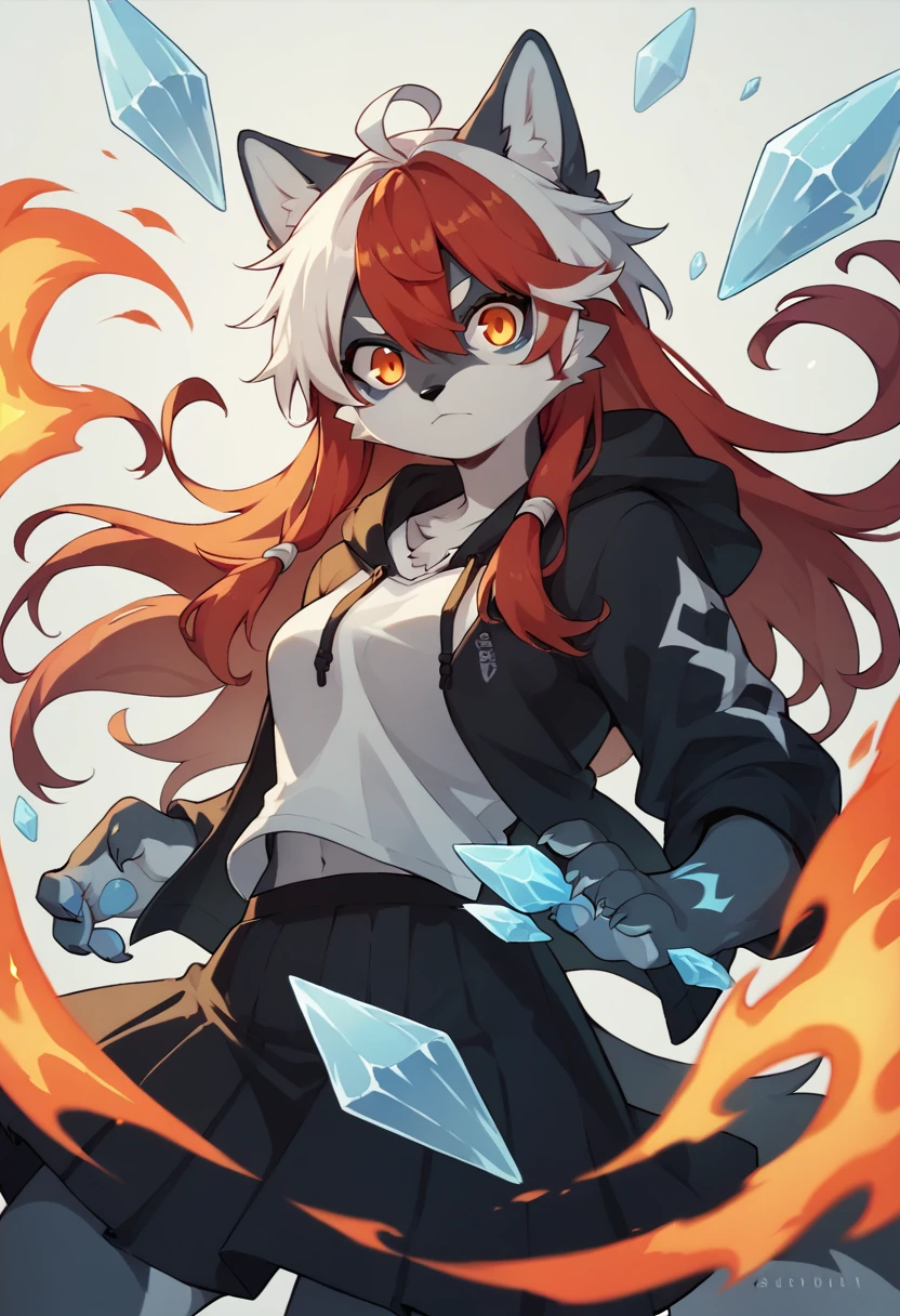1girl furry,wolf , black and white hair, ice powers,Fire powsers, red hair dye tips in hair, long hair, skirt, hoodie, blue and red, ice and fire,one blue eye, one orange eye