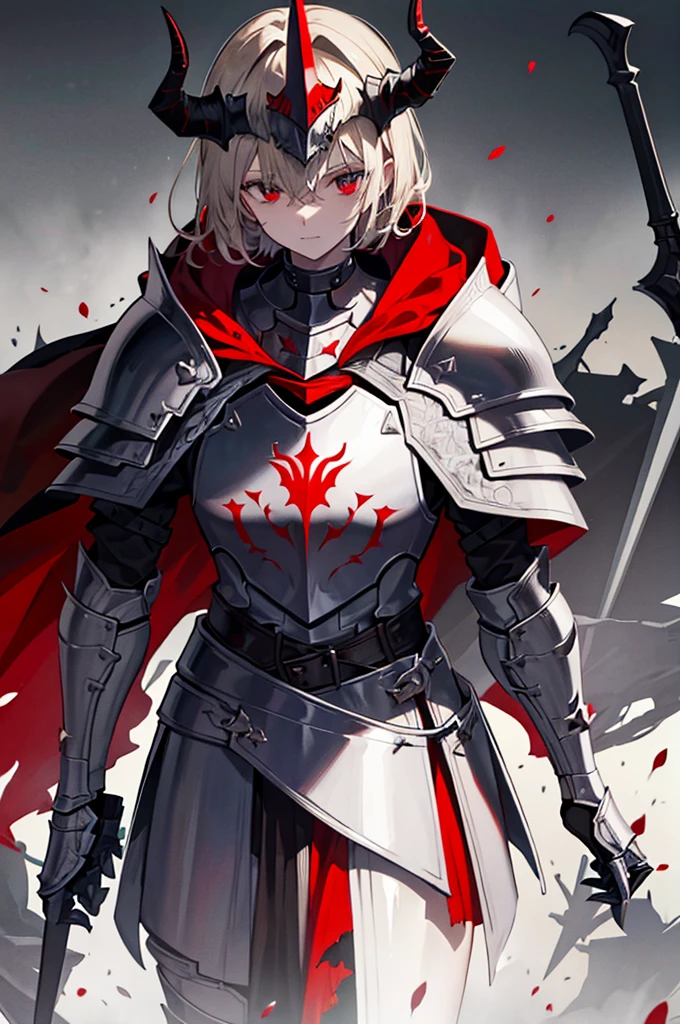 a knight in dark damaged armor with a torn red cape with a horned helmet